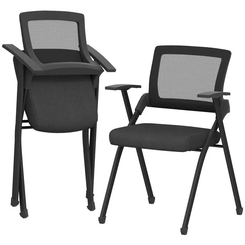 Set of 2 Folding Chairs with Curved Backrest and Armrests, Linen-Effect Fabric and Steel, 61x56x84 cm, Black