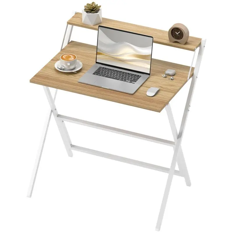Folding Desk with Monitor Shelf, 81.5x62x86.5 cm, Wood and White