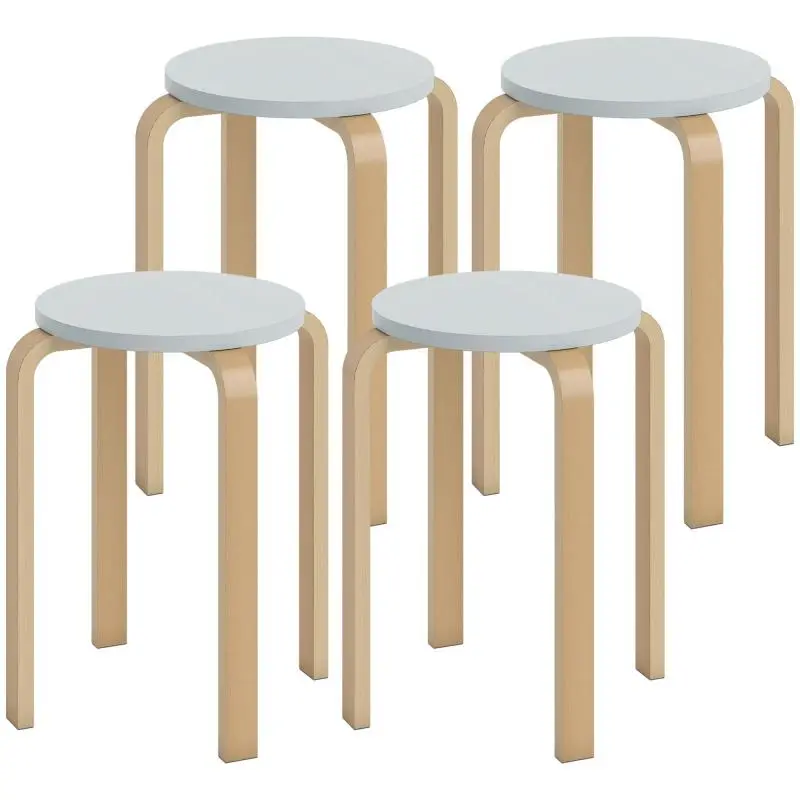 Set of 4 Stackable Round Grey Wooden Stools, Diameter 40 x 45 cm
