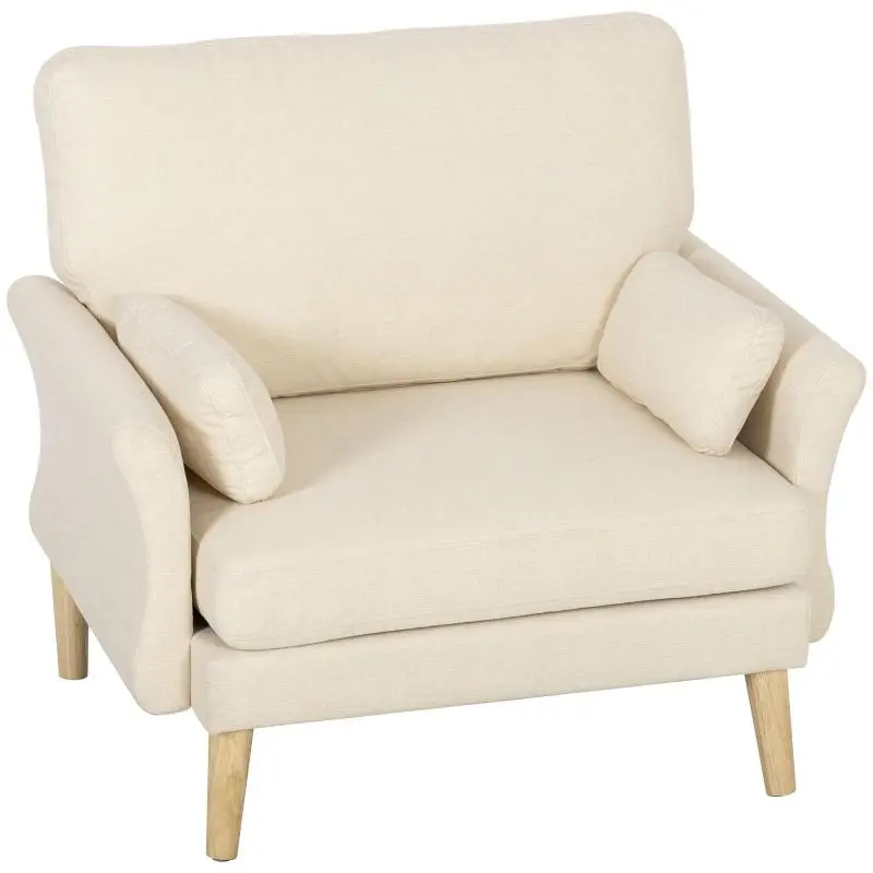 Velvet-upholstered armchair, oversized accent chair with wooden legs, reading chair for living room and bedroom, cream white
