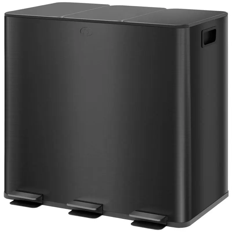 Stainless Steel Kitchen Trash Can with 3 Compartments (3 x 15L), Pedals, Soft-Close Lids, and Removable Inner Buckets – Black