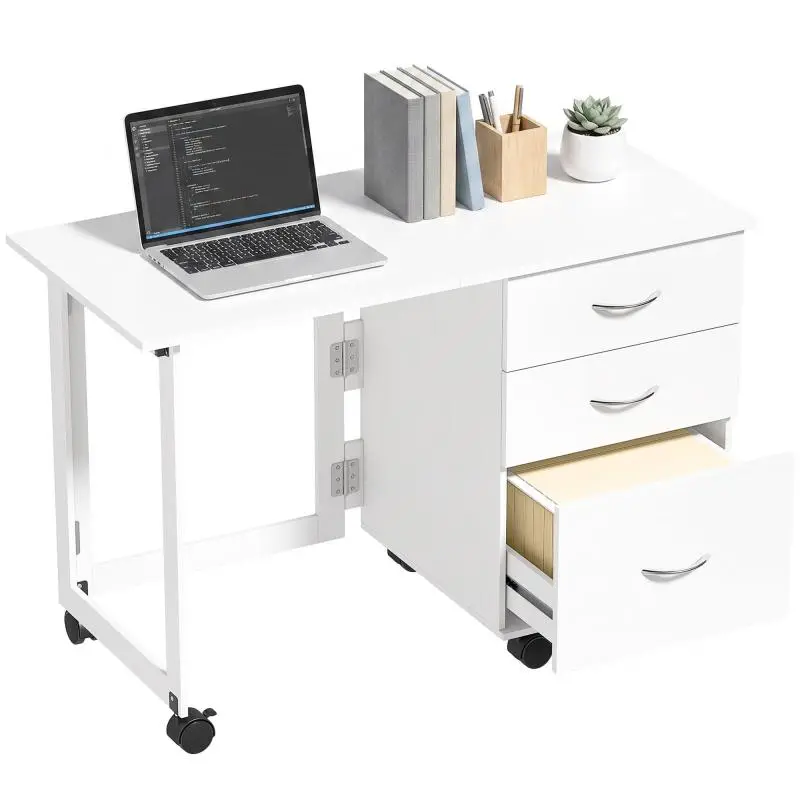 Folding Office Desk with 3 Drawers, 4 Lockable Wheels, White