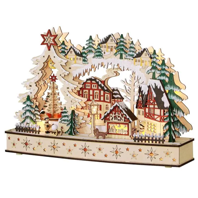 Christmas village in a winter wonderland, 20 LED lights, multi-layered, natural wood, 45 x 12 x 30 cm