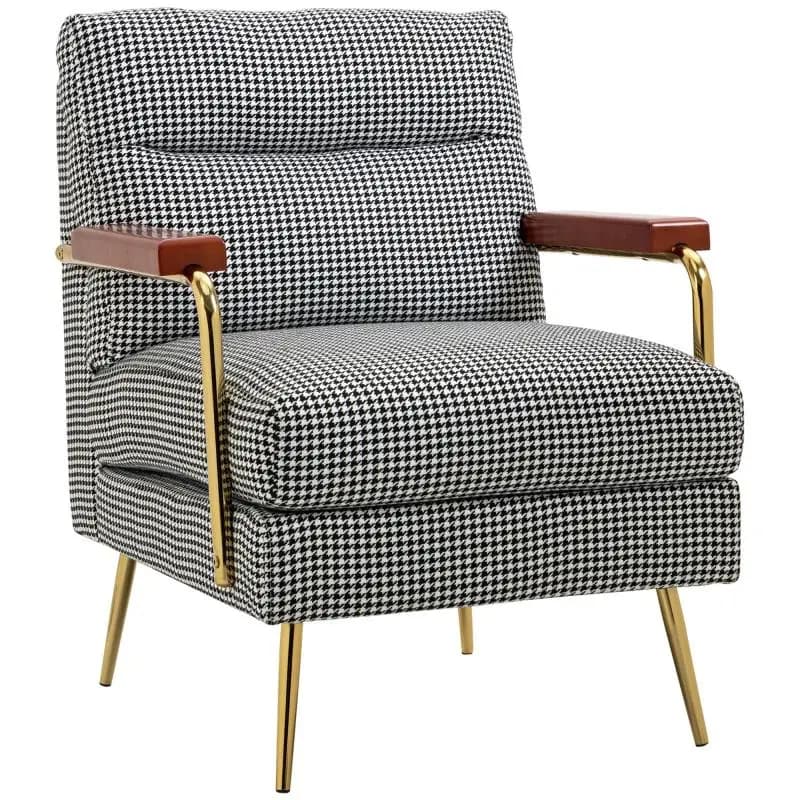 Retro-style armchair, accent chair, houndstooth pattern, wooden elements, coil spring suspension, black and white