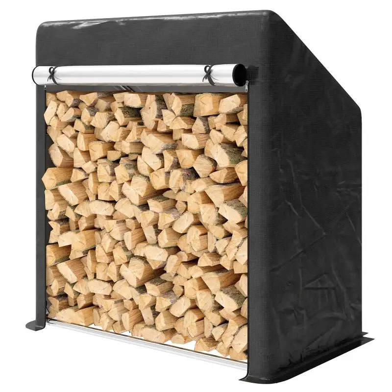 Reinforced Steel Outdoor Firewood Rack with Waterproof Cover, 100x60x110 cm, Black