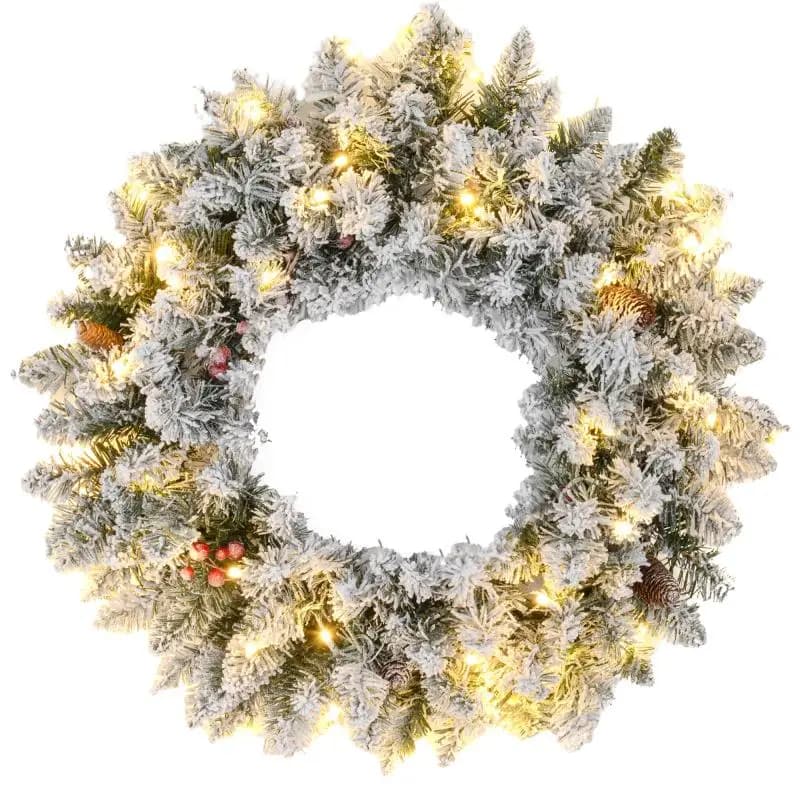 60 cm Artificial Christmas Door Wreath – Green, with Pinecones, Berry Clusters, LED Lights, and Timer