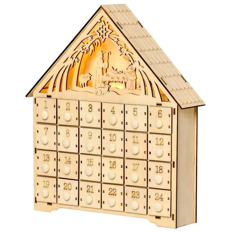 Advent calendar with LED lighting, 24 drawers, nativity scene, 26.6 x 6 x 30 cm, wood-effect finish
