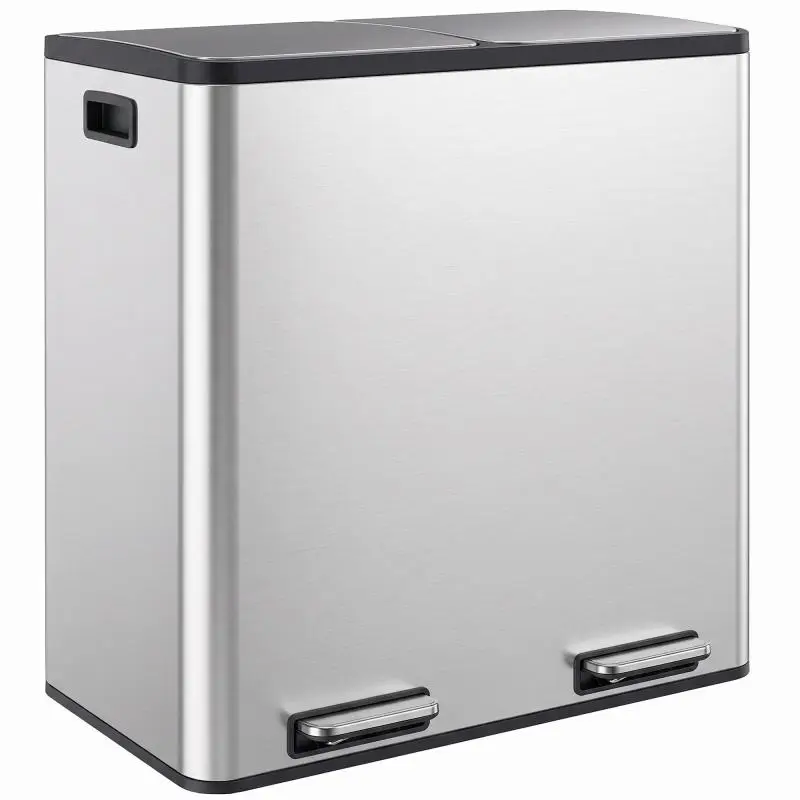 Kitchen Trash Can 2 x 30L, Stainless Steel Pedal Bin with Removable Buckets and Soft-Close Lid, Silver