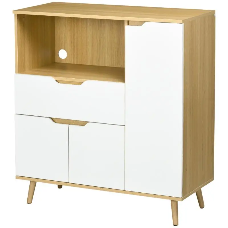 Microwave Cabinet with Open Shelf, Cupboards, and Drawer, 90x40x98.5cm, White and Wood