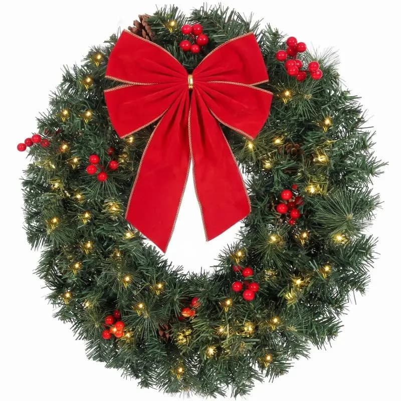61 cm Christmas Wreath / Door Wreath with Crestwood Spruce Design, Bow, 50 LEDs, 140 Branch Tips, 8 Lighting Modes