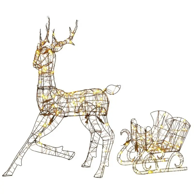 Light-up reindeer and sleigh set, 2-piece polyrattan Christmas decoration for outdoor use, with LEDs, 8 modes, timer
