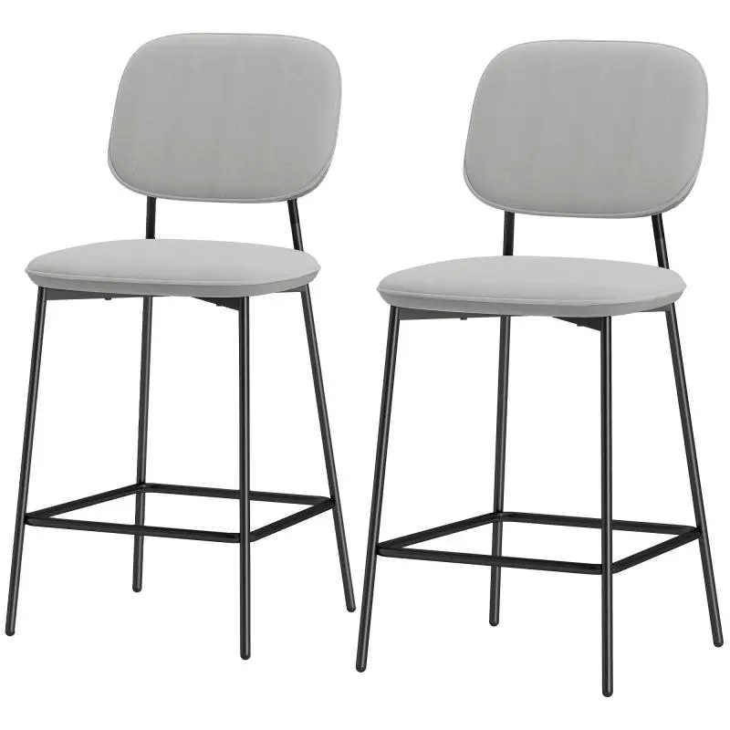 Set of 2 Bar Stools with Velvet-Upholstered Backrest and Steel Frame, 45x49x102 cm, Light Grey