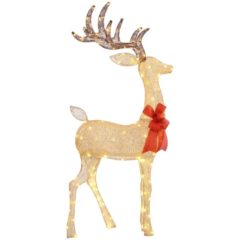 Reindeer with red bow, 137 LEDs, Christmas lighting, weather-resistant, 66 x 25 x 135 cm, gold