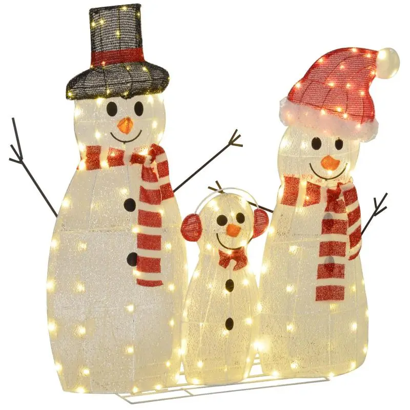 Snowman family, 148 LEDs, Christmas lighting, weather-resistant, glossy, white